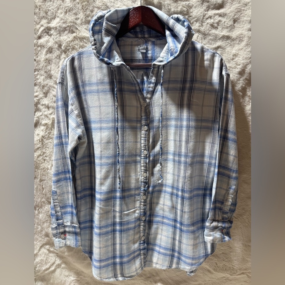 Aerie Blouse Women’s oversized SP Blue Plaid Hooded Button Front Long Sleeves